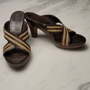 Wood, leather and raffia mule sandals